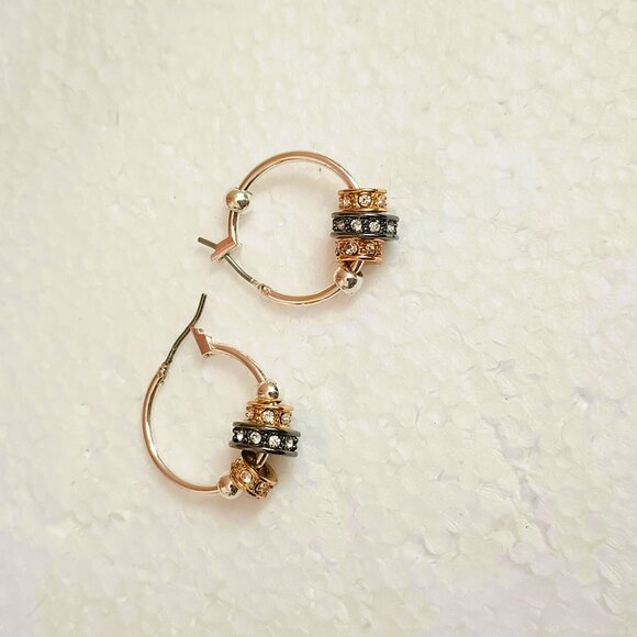 Nine West Tri Tone Hoop Earrings Slider Beads with Rhinestones - Picture 8 of 9